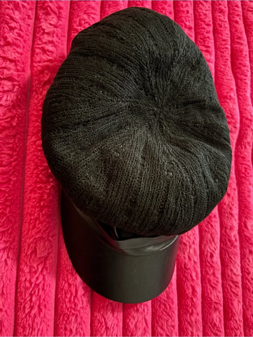Black Knit Cadet Hat with Faux Leather Brim | One Size | Classic Newsboy Cap